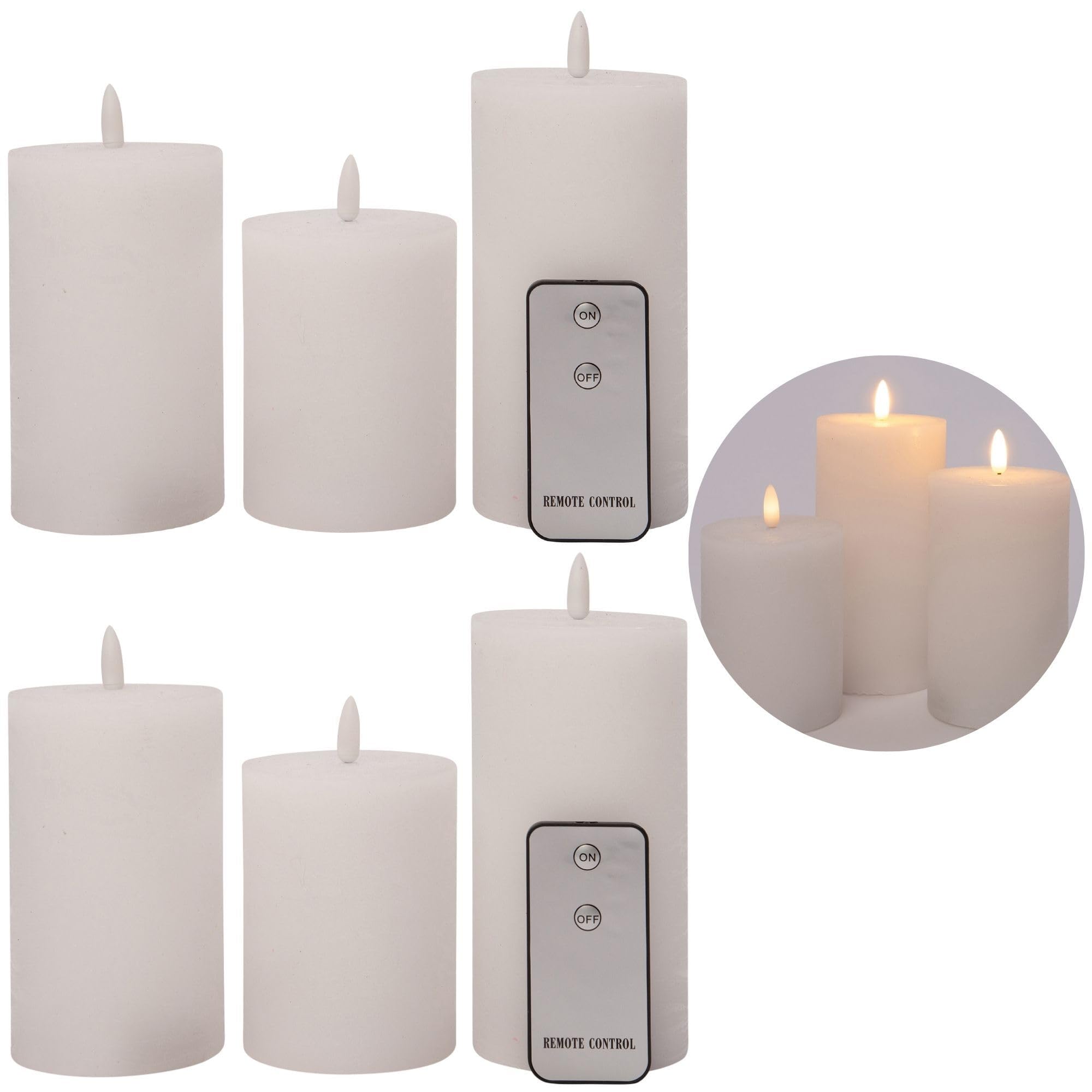 6-częściowy zestaw świec LED o średnicy 7,5 cm, migoczący płomień z pilotem zdalnego sterowania, białe, 15 cm + 12,5 cm + 10 cm wysokości, świece LED z funkcją timera, 3 baterie AAA, świece LED z