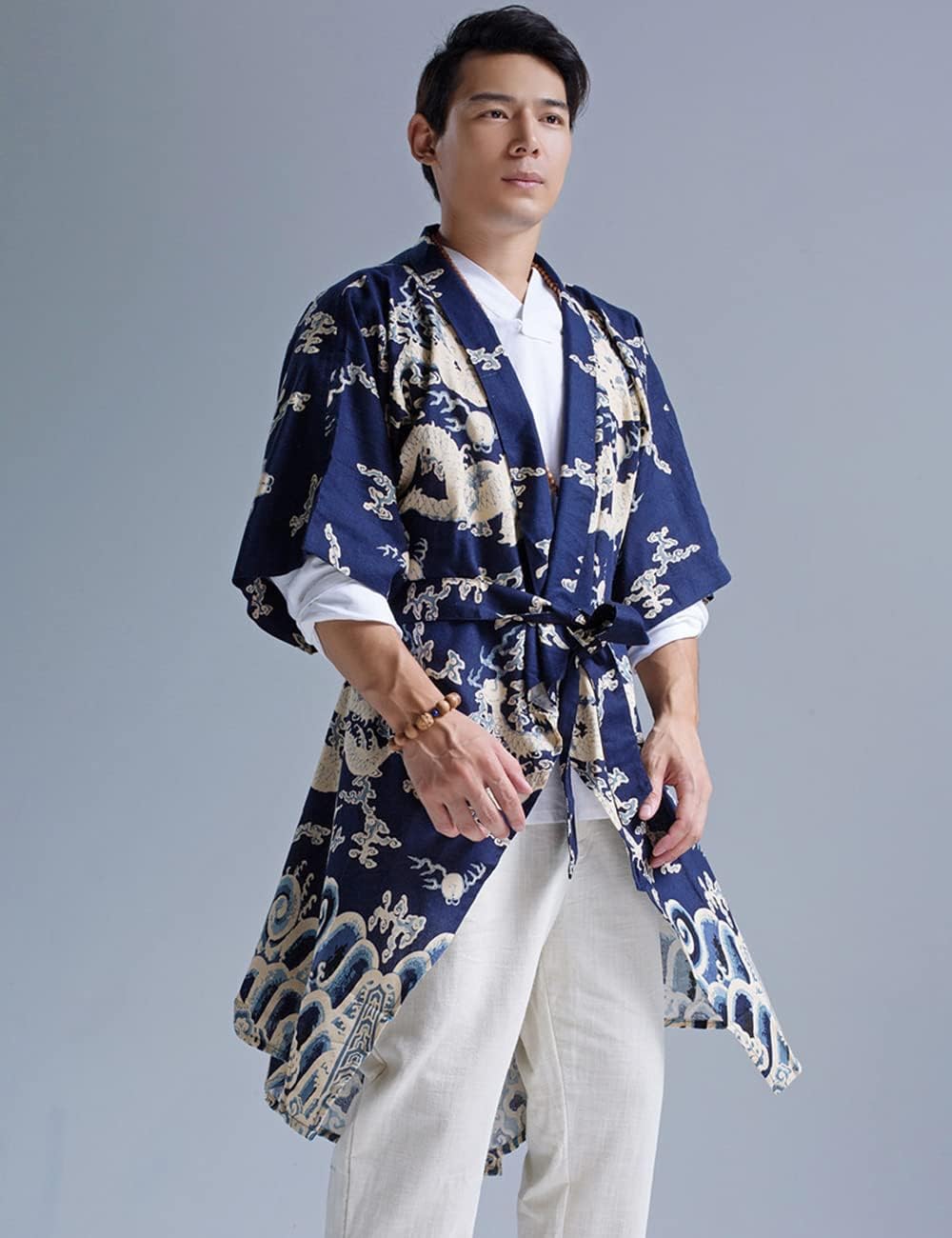 Ystylee Men's Kimono Robe Dragon Vintage Printed Lightweight Cotton Linen Japanese Haori Samurai Robe with Belt