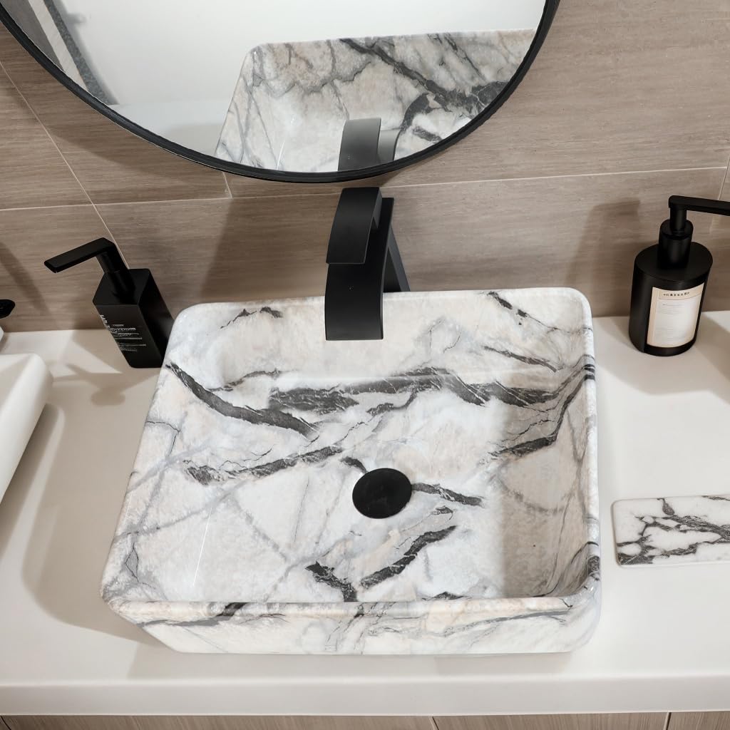 Fregadero de baño de 19 x 15 pulgadas, fregadero de cerámica con grifo y drenaje, combo rectangular pequeño fregadero de mármol para baños sobre mostrador 3
