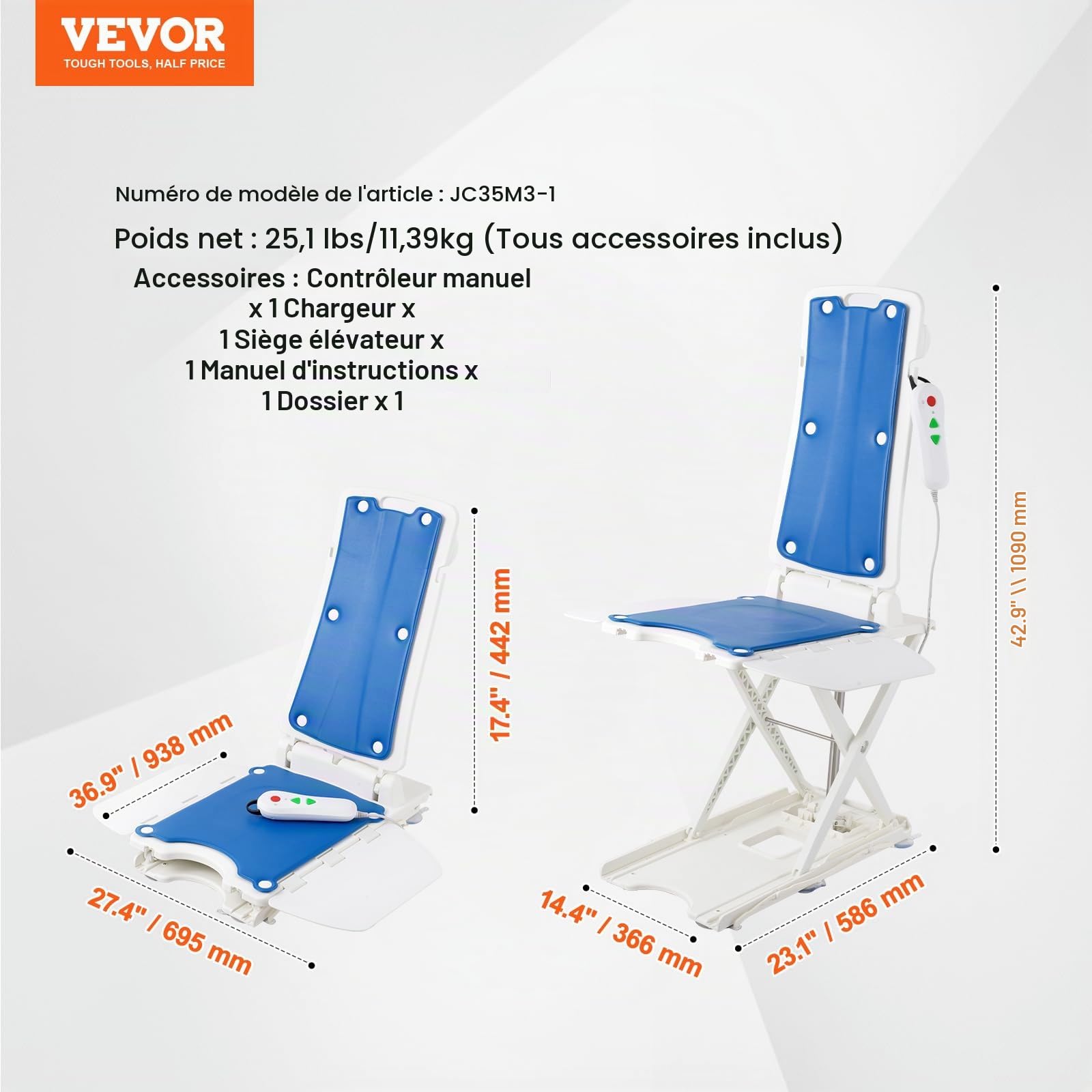 VEVOR Elévateur de Bain électrique, 77 à 507 mm, appareils pour soulever Les Vieux du Sol, supporte jusqu'à 140,6 kg, Inclinaison à 45 ° pour Inclinaison Confortable, pour Personnes âgées, Patients