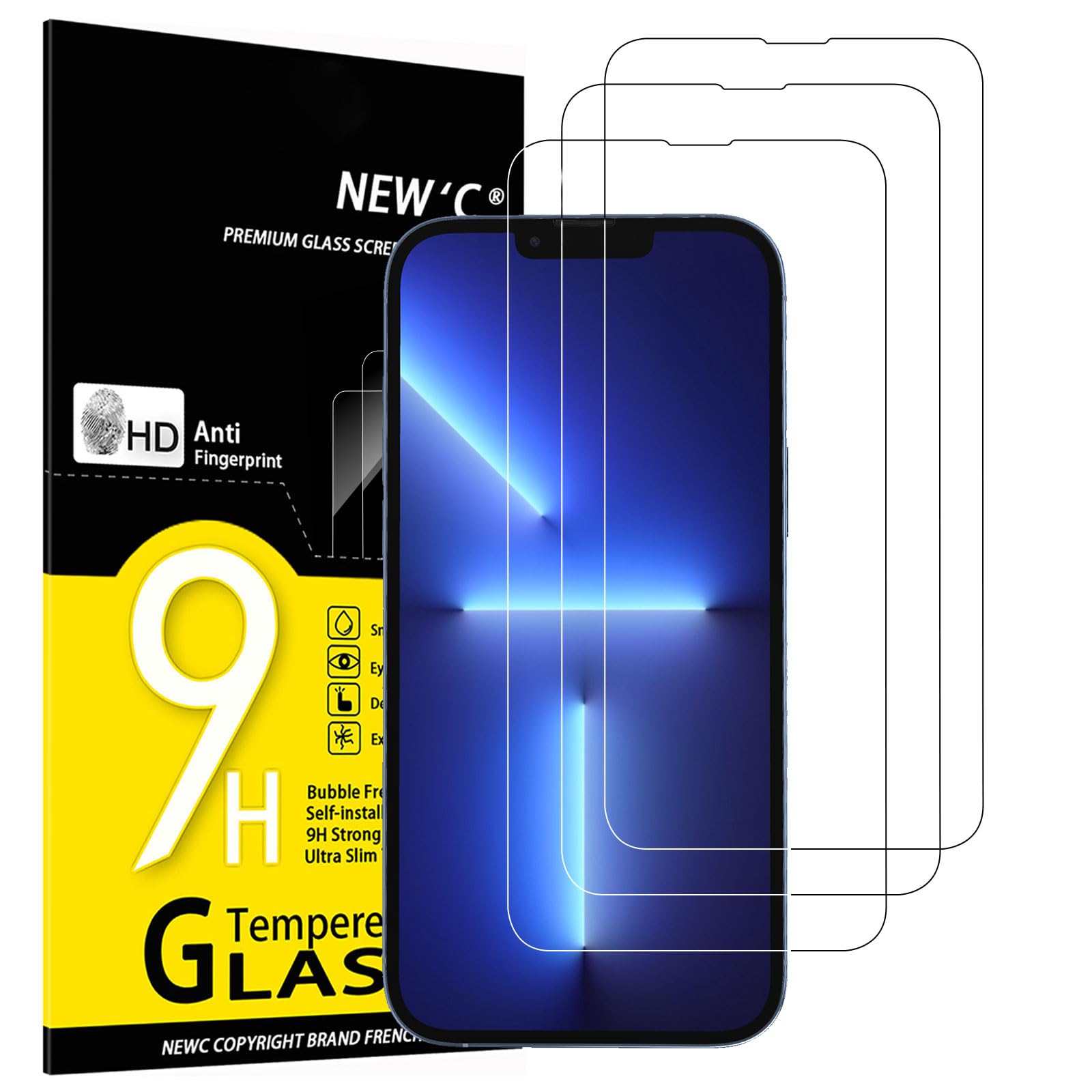 NEW'C 3 Pezzi, Vetro Temperato per iPhone 13 Pro Max, iPhone 14 Plus (6,7 Pollici), Pellicola Prottetiva Anti Graffio, Anti-Impronte,Senza Bolle,Durezza 9H, 0,33mm Ultra Trasparente,Ultra Resistente