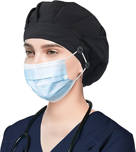 ABAMERICA Gorras Bouffant con botón y banda para el sudor, gorras médicas ajustables para mujeres y hombres, talla única, multicolor