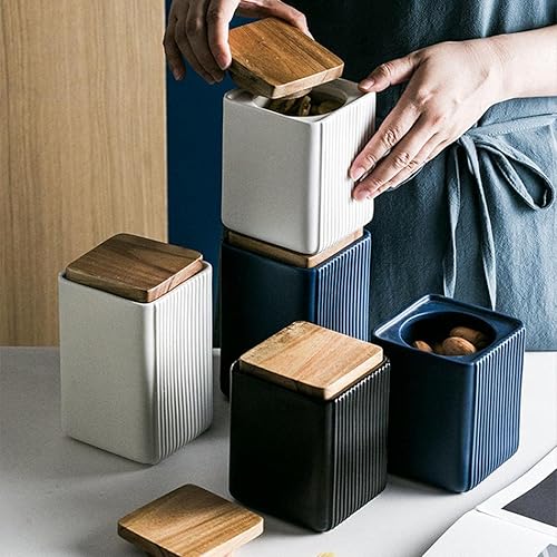 Miniatura 7 de YYW Tarros de almacenamiento de cerámica para almacenar alimentos con sello de tapa de madera, tarros de almacenamiento de cocina, herméticos para