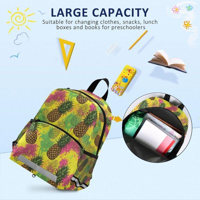 QUGRL Colorful Pineapples Summer Toddler Backpack for Boys Girls Kids School Backpack with Chest Strap Leash Preschool Schoolbag Nursery Kindergarten Bag for Daycare Travel Hiking School