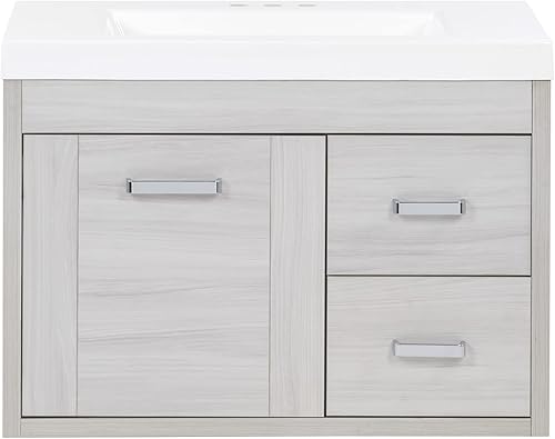 Spring Mill Cabinets Marlowe - Tocador flotante de baño con armario de 1 puerta, 2 cajones y encimera blanca con fregadero integrado, 30.5 pulgadas