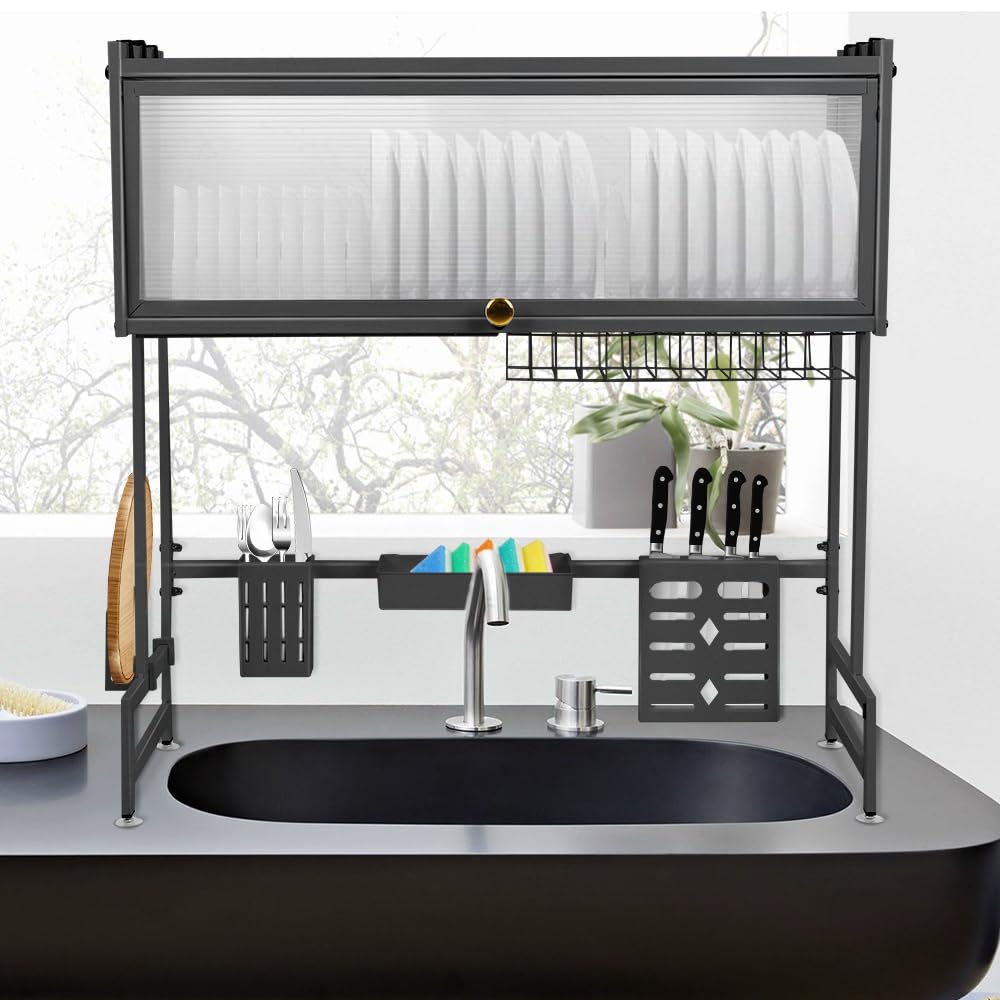 homewell - Escurridor para platos de cocina, escurreplatos con ganchos, soporte y utensilios para tabla de cortar, 75 cm de largo