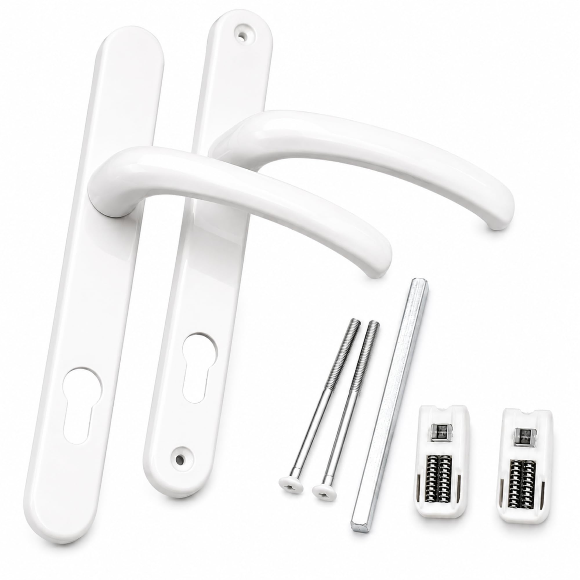FIXINGS DIRECT] Upgraded Heavy Duty Sprung UPVC Door Handle Pair with Enhanced Security, 215mm Screw Centres Door Handles, 92mm Sprung (Chrome, White, Grey, Or Black) 241mm X 30mm (White)