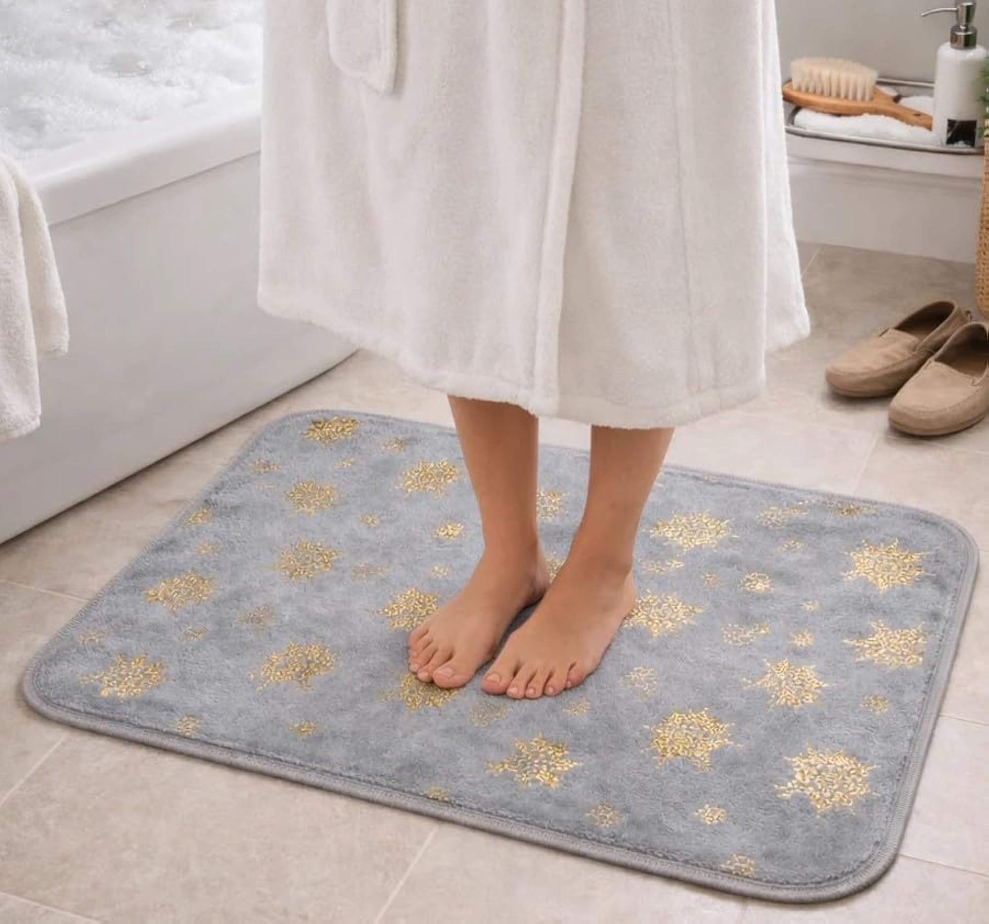 Golden Flower Memory Foam Bath Mat, Plush Velvet