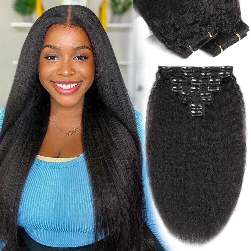Clip in Hair Extensions Real Human Hair, Kinky Straight Clip ins, Human Hair Clip in Extensions for Women 12 inch Remy Seamless Real Hair Extensions 8PCS