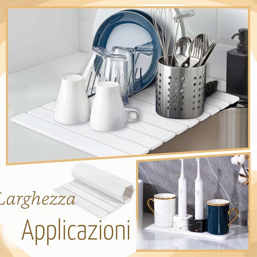 UNICRAFTALE Tappetino scolapiatti in pietra per cucina, bianco, ad asciugatura rapida, assorbente, pieghevole, 59 x 38,8 cm, con tappetino antiscivolo e carta vetrata, per piatti, bottiglie, tazze