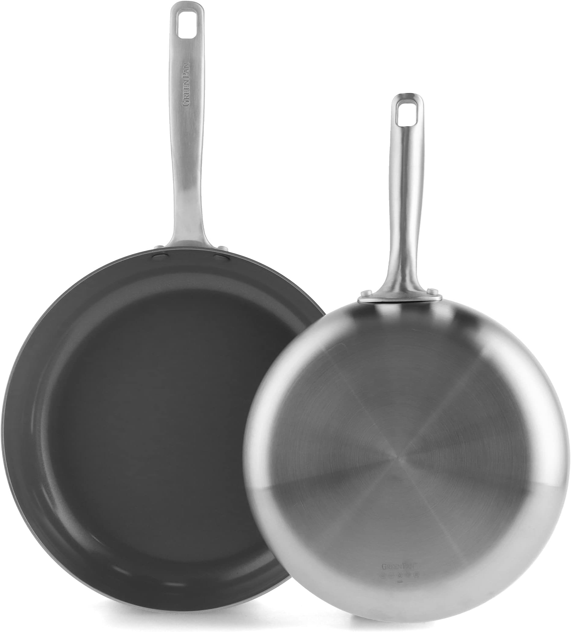 GreenPan Chatham Tri-Ply Stainless Steel Healthy Ceramic Nonstick 10" and 12" Frying Pan Skillet Set, PFAS-Free, Induction Suitable, Dishwasher Safe, Silver