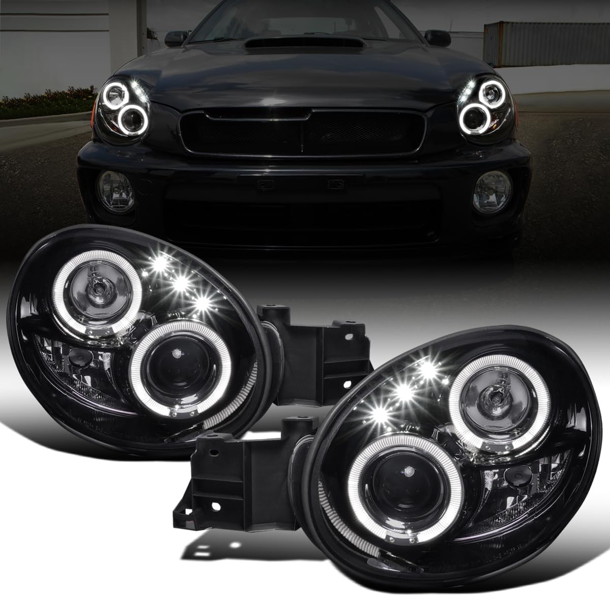 Ronnin - Fits 2002-2003 Subaru Impreza Upgrade Replacement LED Dual Rims Projector Headlights Assembly Pair | Smoke