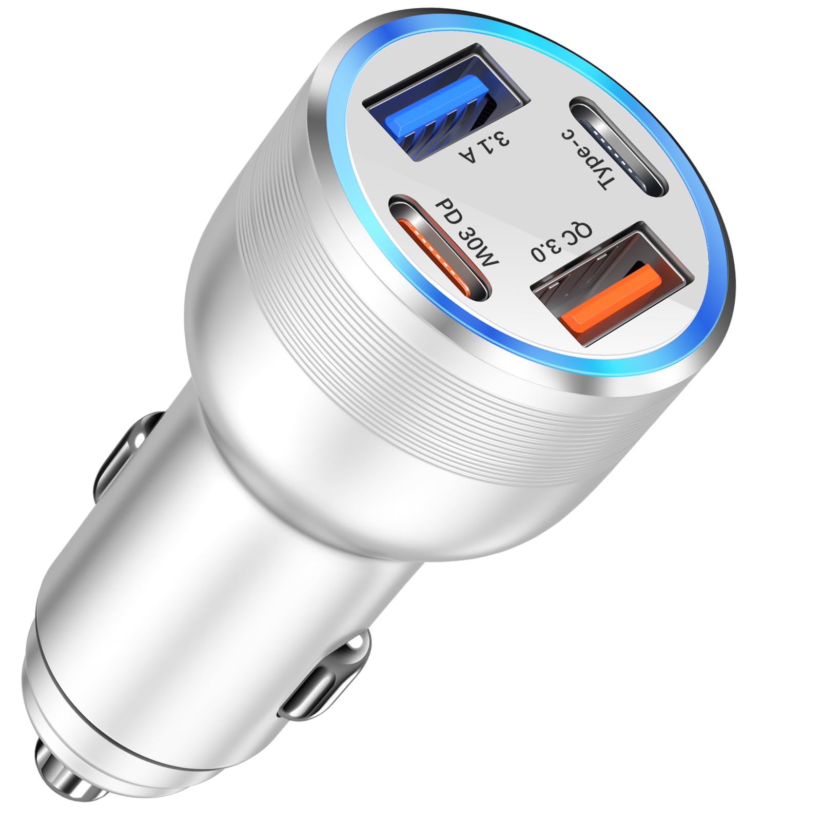 65W USB C Car Charger Adapter, Bangfun 4-Port 12V Dual USB C & USB A Car Phone Charger PD/QC Fast Charging Cigarette Lighter Plug for iPhone 16 15 14 13 12 11 Pro Max Samsung Google Pixel-Silver