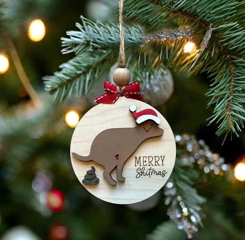 Funny Christmas Ornaments Adult, Round Christmas Tree Ornaments, Wooden Christmas Tree Hanging Ornament (Merry Shitmas)