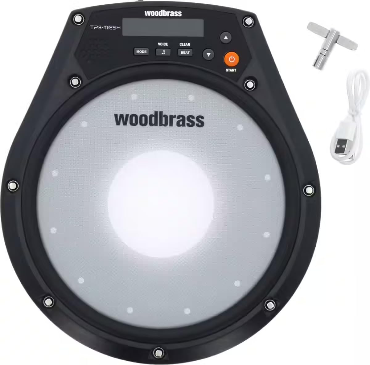 Woodbrass TP8 Mesh – Pad d’Entraînement Électronique Batteur 8” Peau Maillée, Métronome 30–280 BPM, Coaching Intelligent, Pratique Silencieuse, Batterie 15 h, Sortie Casque & Haut-Parleur Intégré