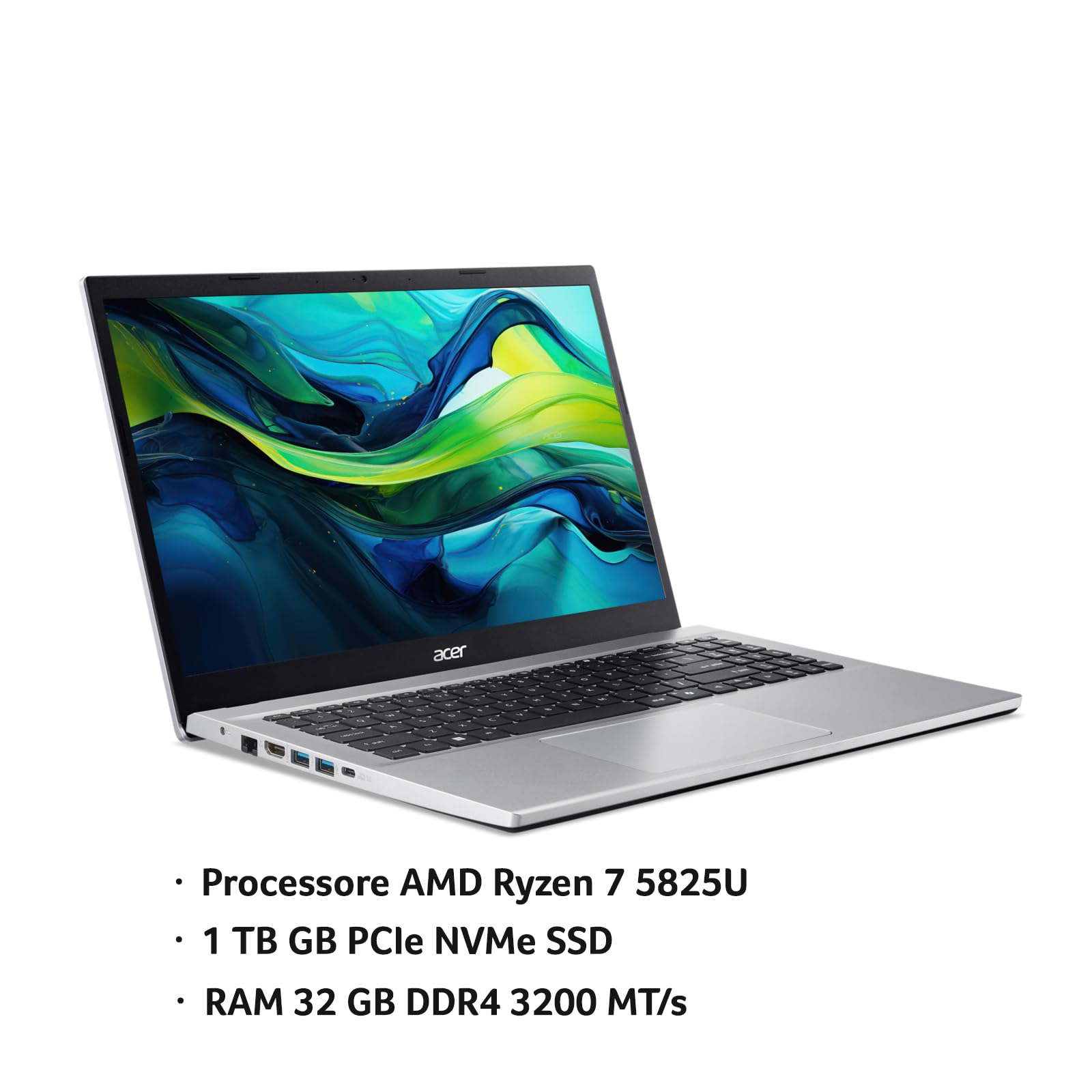 acer Aspire Go 15 AG15-42P-R81L PC Portatile, Notebook, Processore AMD Ryzen 7 5825U, RAM 32 GB DDR4, 1024 GB PCIe NVMe SSD, Display 15.6" FHD, Scheda Grafica AMD Radeon, Windows 11 Home, Silver
