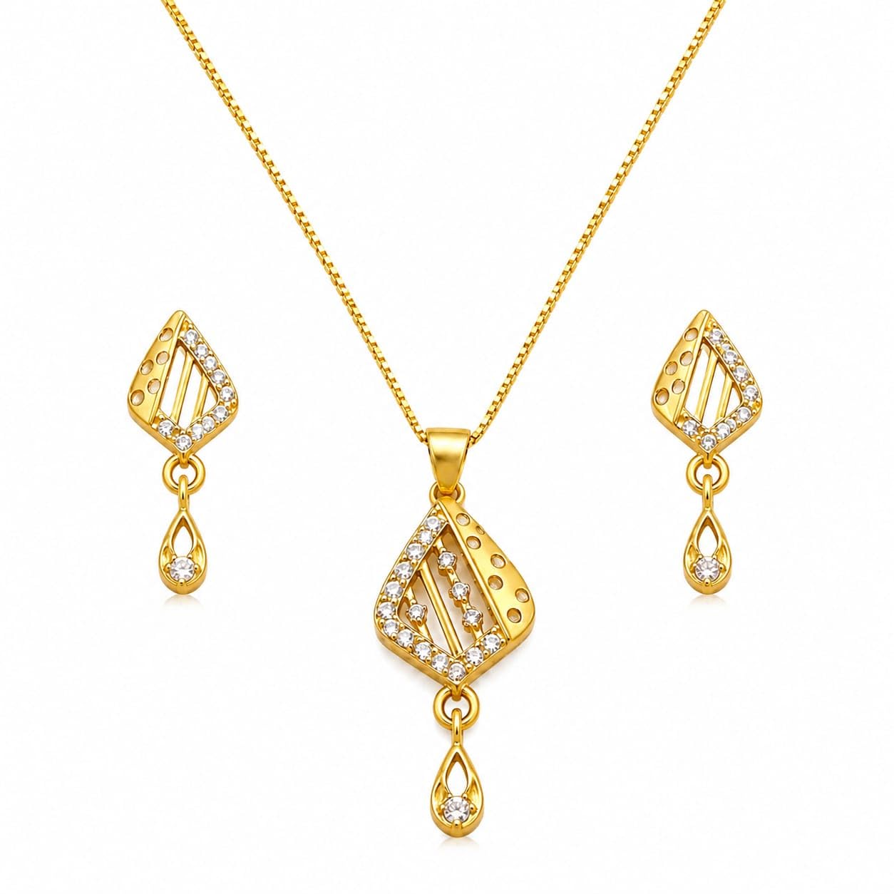 Gold-Toned CZ Diamond Shape Pendant Necklace and Earrings Set-image-47