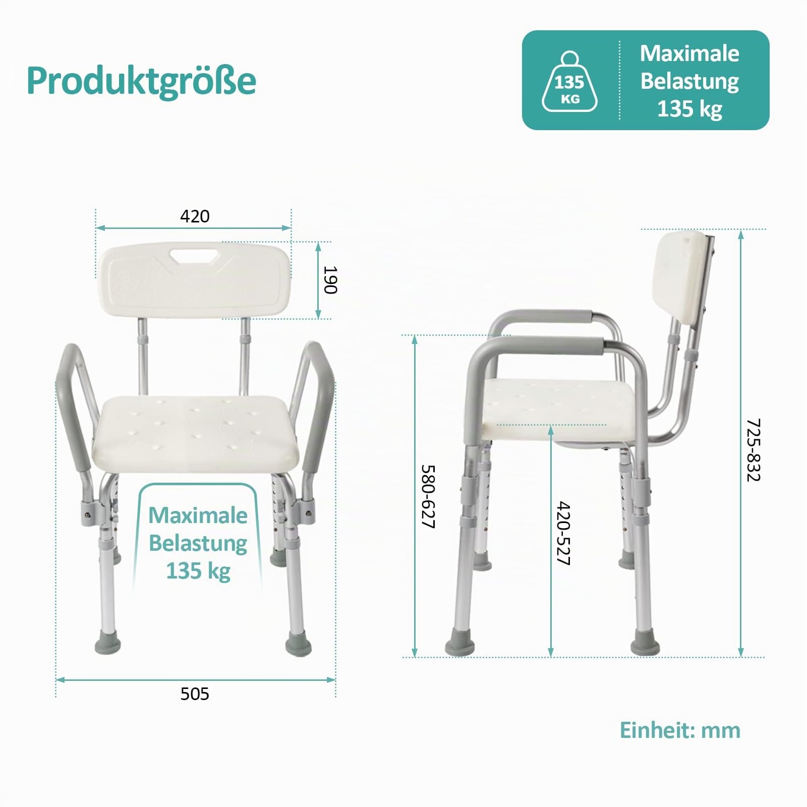 EMKE Duschstuhl Duschhocker für senioren Duschstuhl mit Armlehne und Rückenlehne Duschhocker Höhenverstellbar,bis 135KG, Weiß