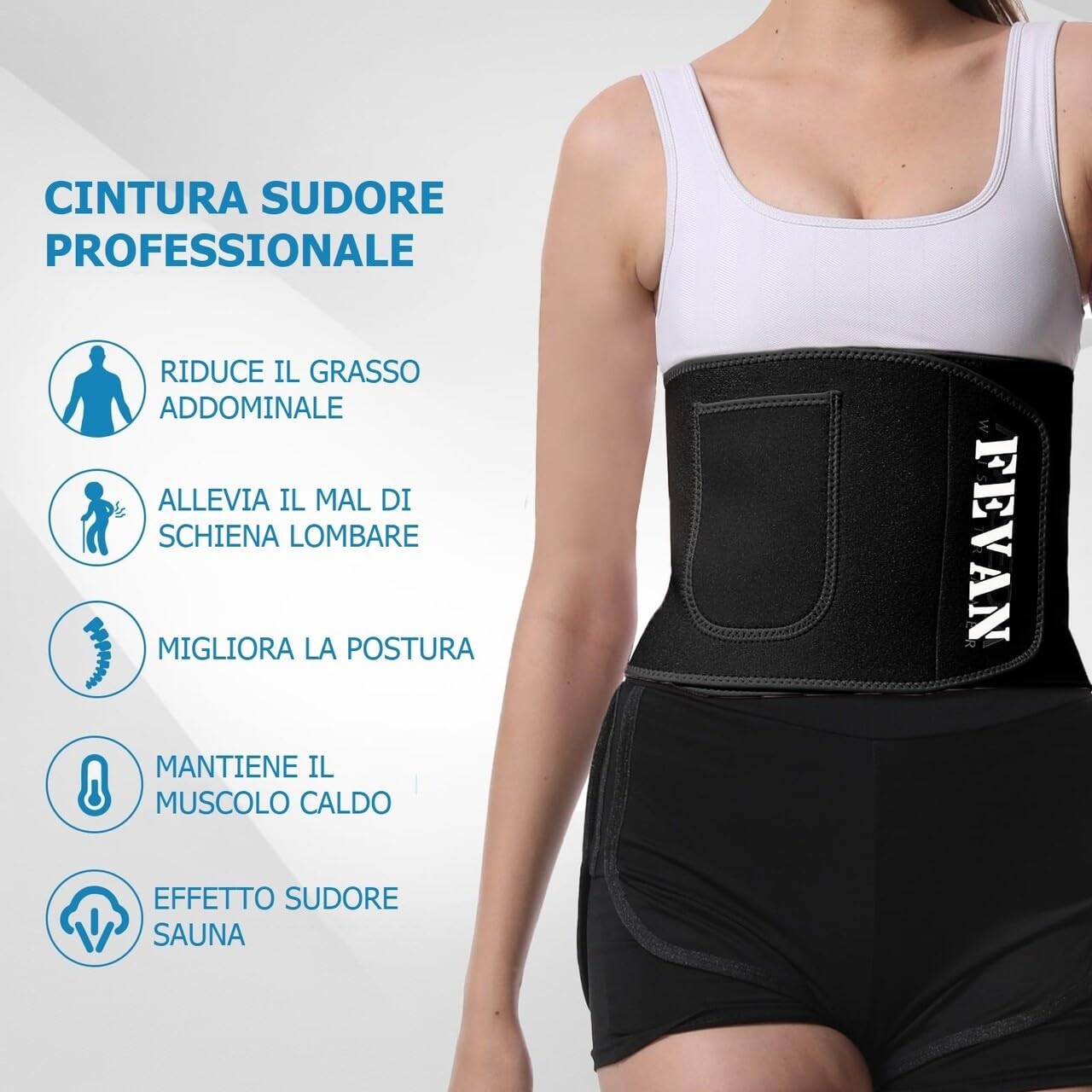 FEVAN Fascia Addominale Uomo e Donna in Neoporene - Fascia Uomo e Donna con Velcro Regolabile - Fascia Addominale - Pancera Uomo Nero (S/M-L/XL).