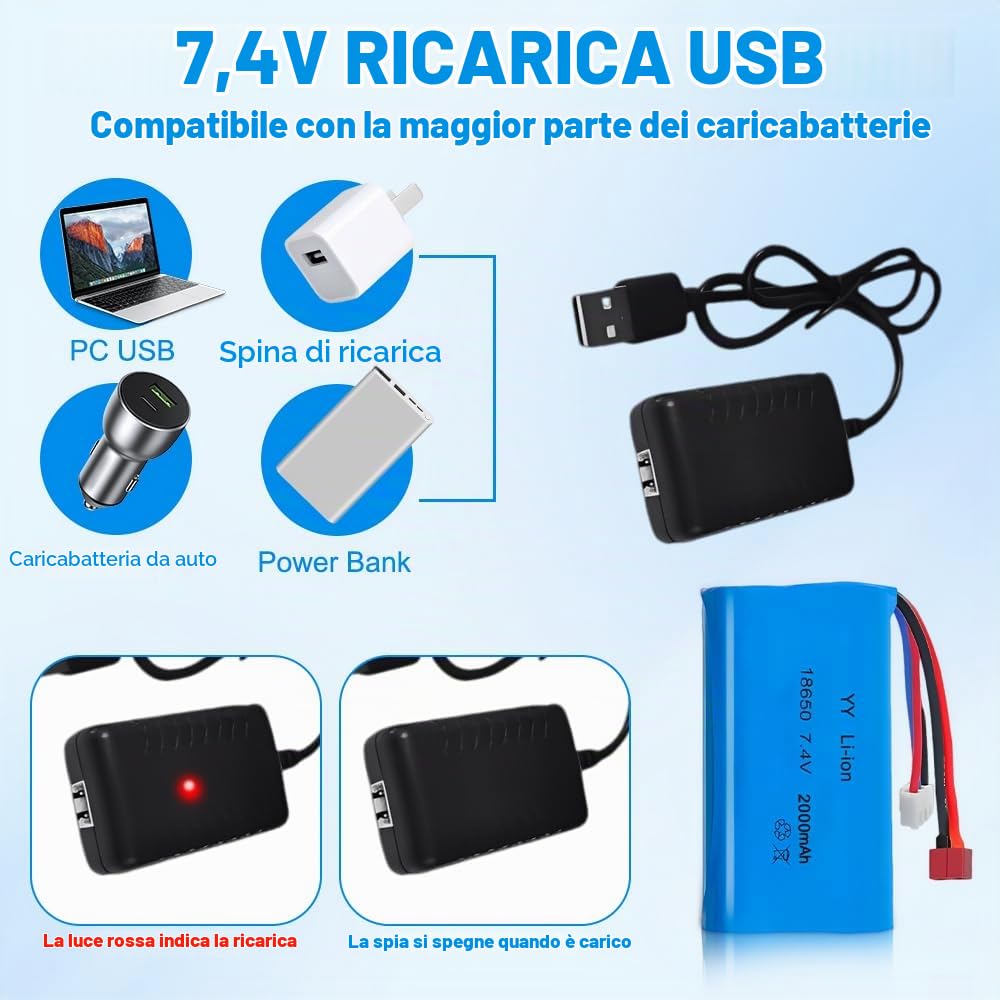 Batteria Lipo 7.4, Batteria Lipo 2s Ricaricabile da 2000 Mah da 2 Pezzi con Spina Deans T e Spina Xh-3P, Lipo 2s con 1 Caricabatterie per Rc Auto Fuoristrada Aeroplano Elicottero Giocattolo