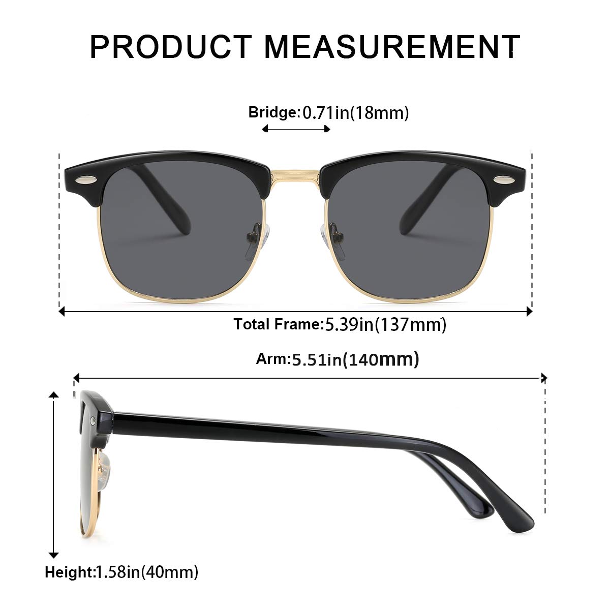 Gafas de sol retro semi sin montura con medio marco UV400 para hombres y mujeres, Negro - 4