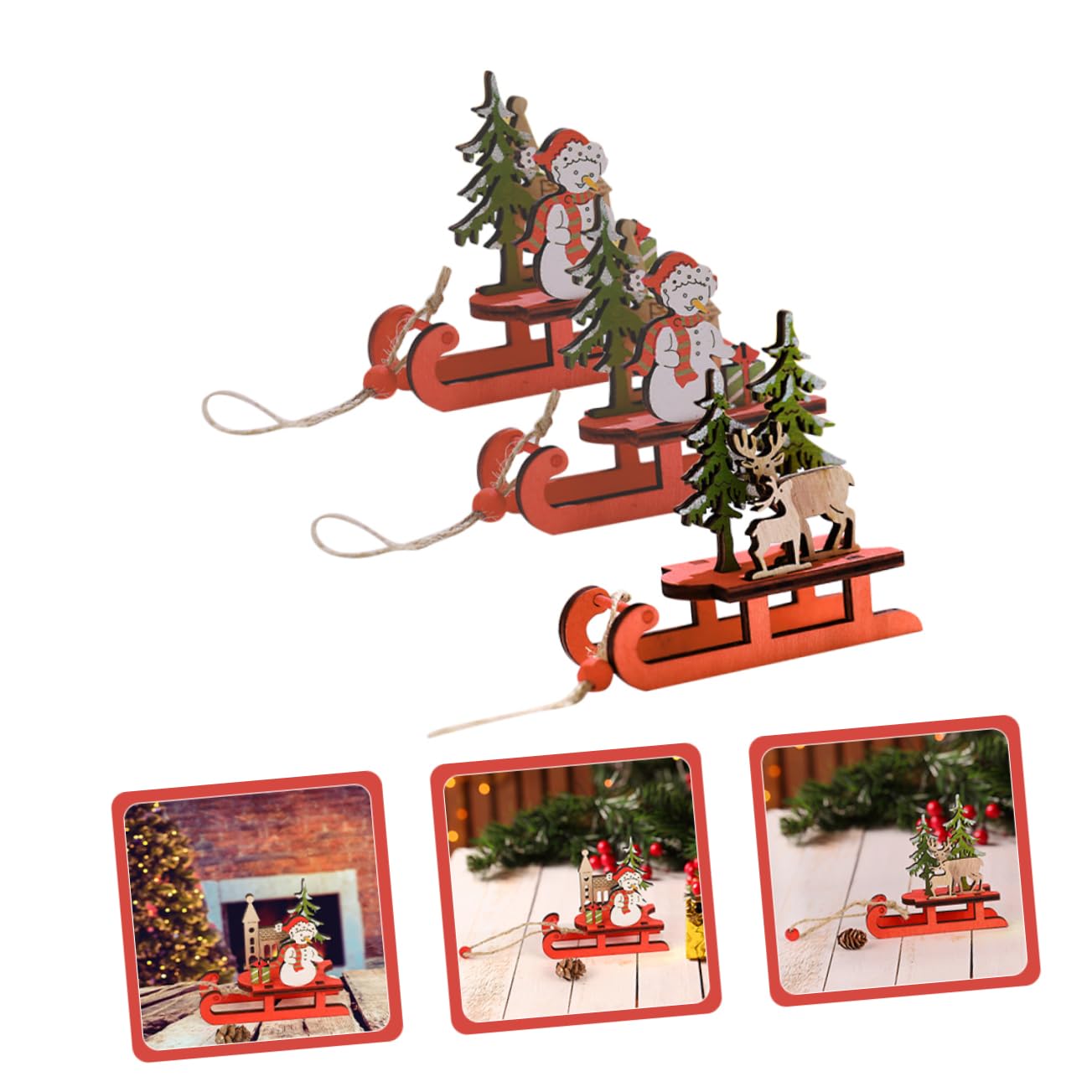 Cabilock 4 Sätze Weihnachtsbaum Holzschlitten Dekoration Vintage Holz Anhänger Für Festliche Wanddekoration Schneemänner Rentier Für Home Party Deko 3 Stück * 4