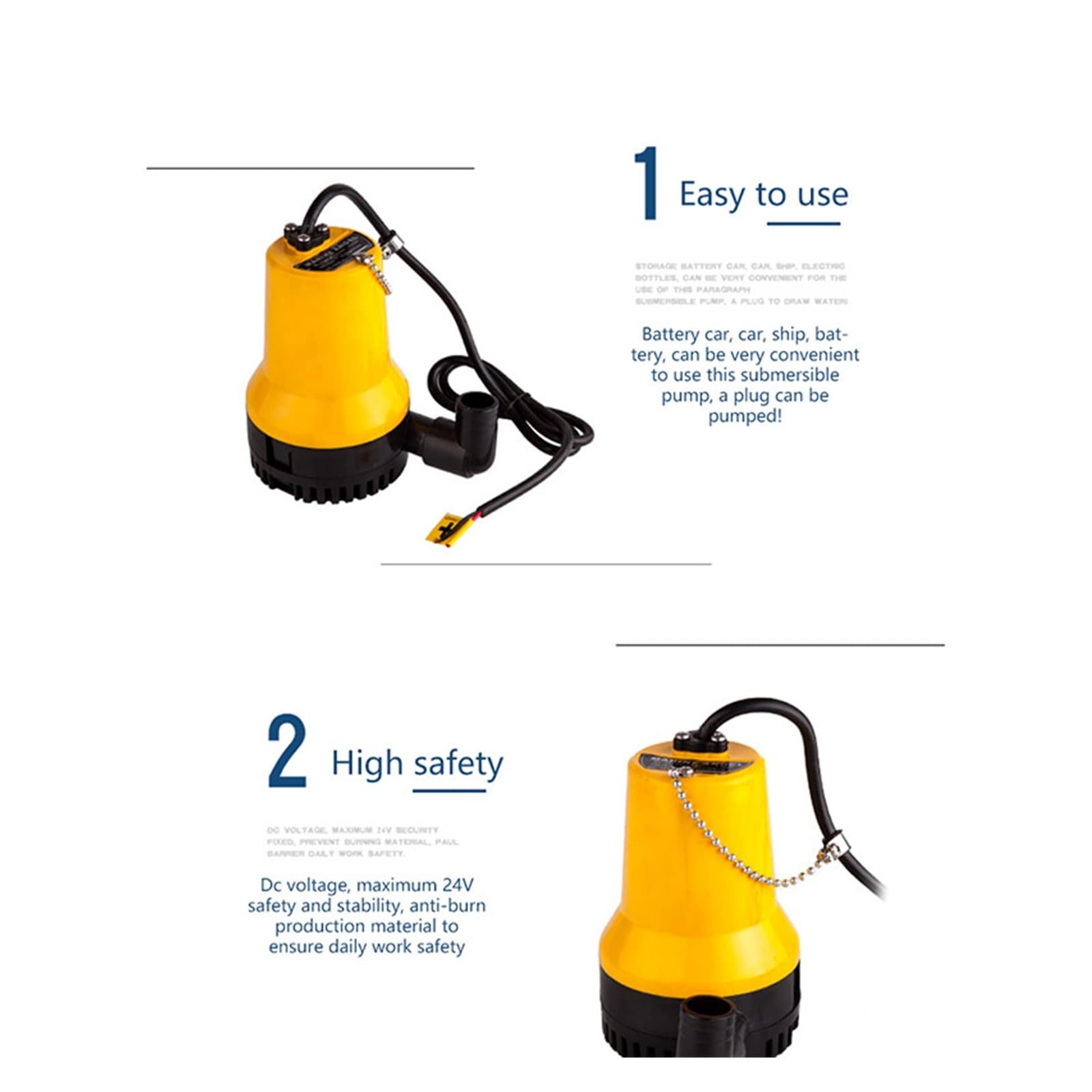 Pompe submersible réglable de petite taille, pompe de cale submersible sans balais, coque solide, avec chaîne, filtre amovible, mini pompe à eau jaune vif 12 V CC, débit de 4,5 m/h