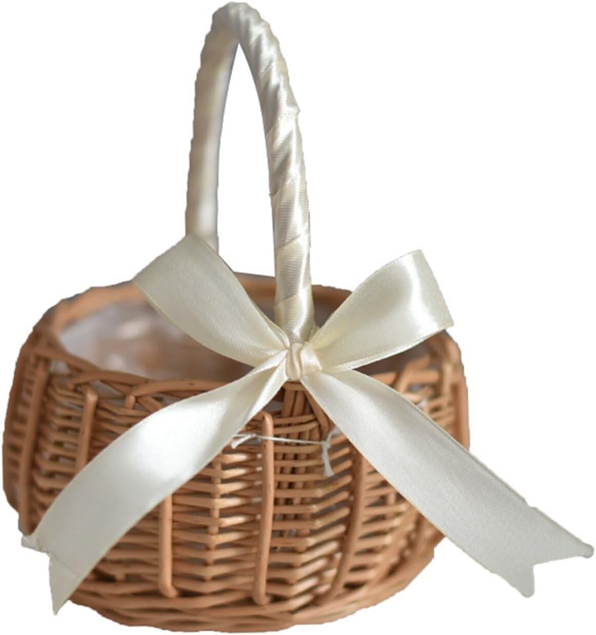 Flower Girl Basket for Weddings - Wicker With Handle and Ribbon, Woven Storage for Flowers, Cookies, Candy - Xmas Easter Party Home Garden Decor (Small, White)