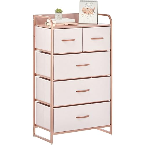 mDesign Tall Dresser Storage Chest - Vanity Furniture Cabinet Tower Unit for Bedroom, Office, and Closet - Textured Print - 5 Removable Drawers - Pink/Rose Gold