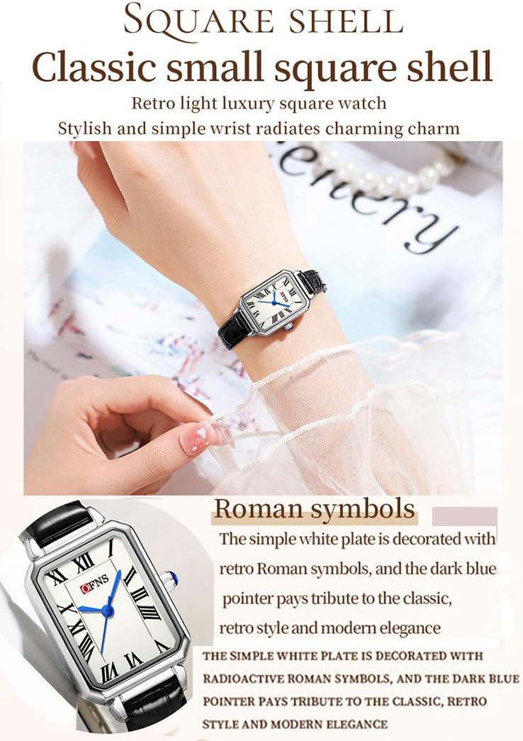 Women's Thin Small Square Watch Vintage Roman Numeral Dial Slim Leather Strap Quartz Watch Petite Ladies Wristwatch for Small Wrist, Black Brown