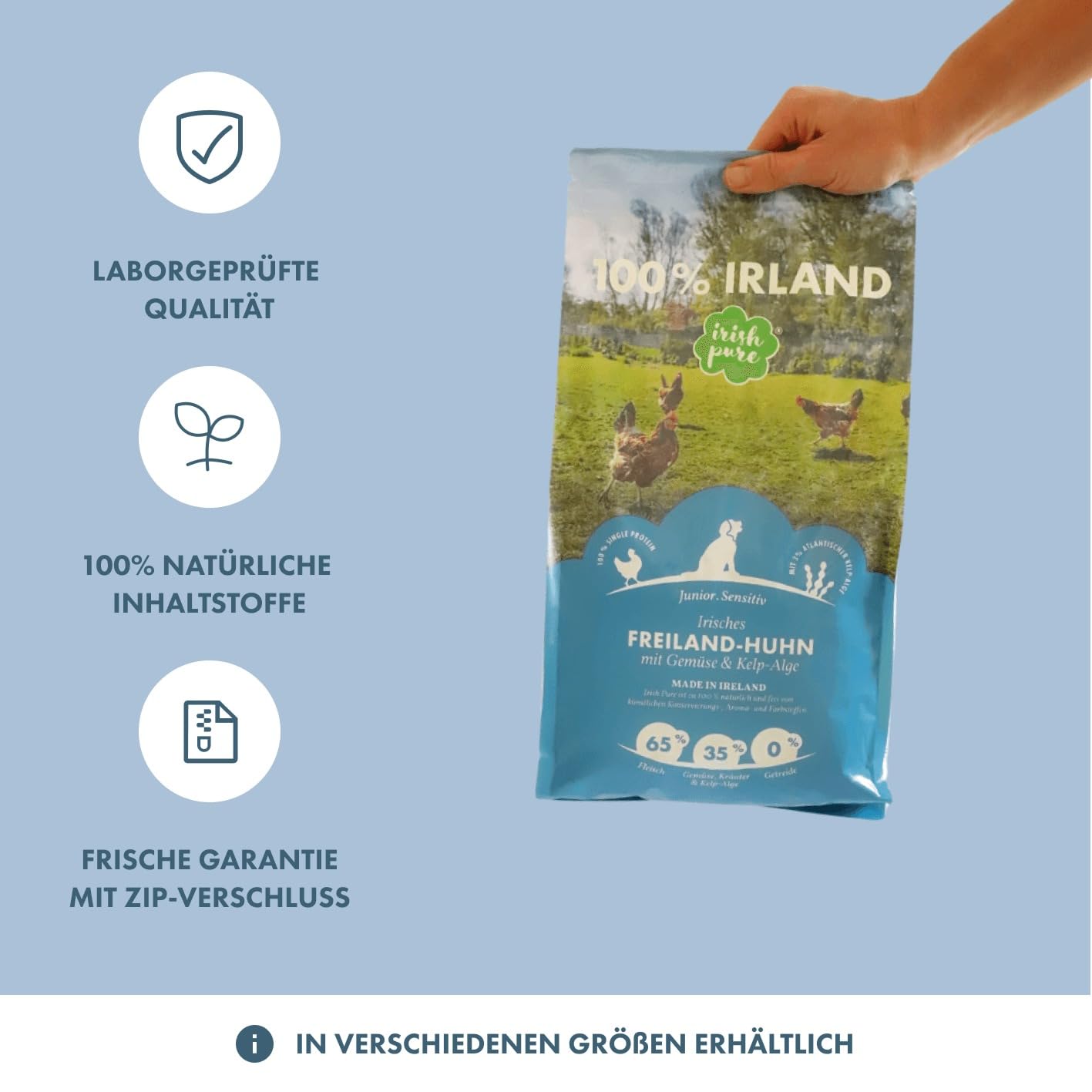 Irish Pure Alimento seco para Cachorros, 12 kg, Pollo con Algas y Verduras, Junior, Alto Porcentaje de Carne, sin Cereales, Sensible, para Todas Las Razas
