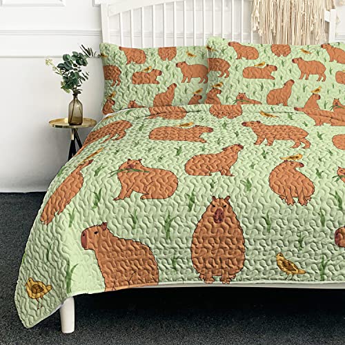 BlessLiving Cartoon Capybara with Bird Bedding 3 Piece Kawaii Capybara Birds Full Quilt Set Soft Microfiber Bedspread for Teens Girls (size80 x90)