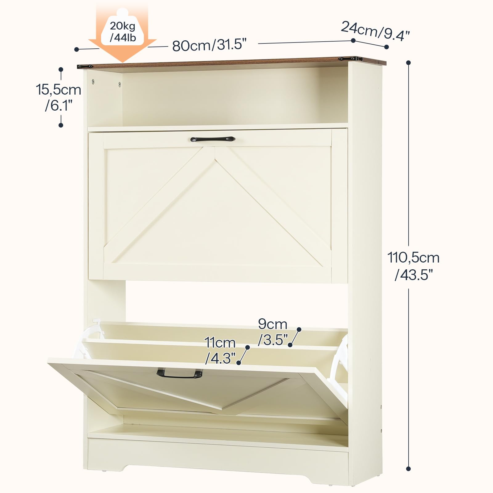 HOOBRO Zapatero de Pie con 2 Cajones Abatibles, Armario de Zapatos con Compartimentos Abiertos y Estantes Ajustables, Métodos de Montaje Frontal de 2 Cajones, Entrada, Blanco Cálido y Nogal EWH110SC01