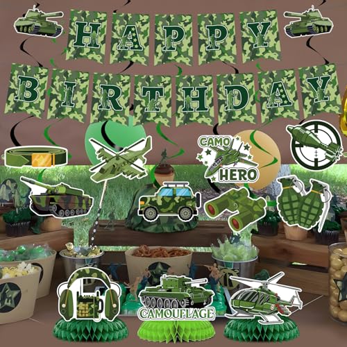 Image of Camo Birthday Party Decorations - 13PCS Army Party Decorations Set Military Themed Happy Birthday Banner Hanging Swirls Honeycomb Centerpieces Decor Supplies for Boys