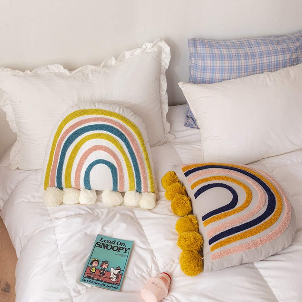 vctops Boho Rainbow Cotton Tufted Throw Pillow Tassels Colorful Cushion Decorative Pillowcase with Pillow Insert for Sofa Bed Living Room (RainbowA,18"x18")