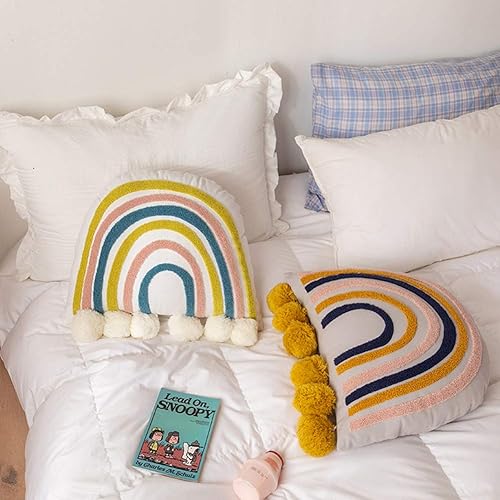 Miniatura 2 de vctops Cojín de almohada de algodón arcoíris con borlas y relleno de almohada para sofá, cama, sala de estar (arco iris, 18 x 18 pulgadas)
