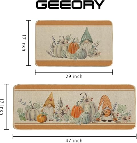Miniatura 6 de GEEORY GK069 - Juego de 2 tapetes de cocina de otoño, diseño de calabazas, gnomos, rayas, decoración de fiestas de temporada, 17 x 29 y 17 x 47
