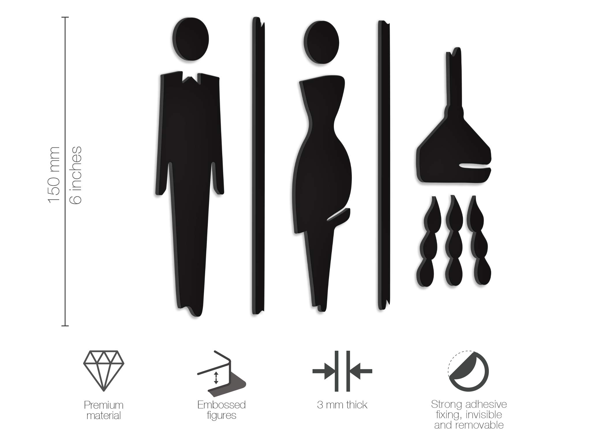 SIGNS - Repujado cartel baño puerta (15 cm) SA117, en relieve, señales adhesivas. Cartel baño hombre mujer ducha - Placas de retretes baño duchaa - carteles de baño ducha y pared (Prime Negro)