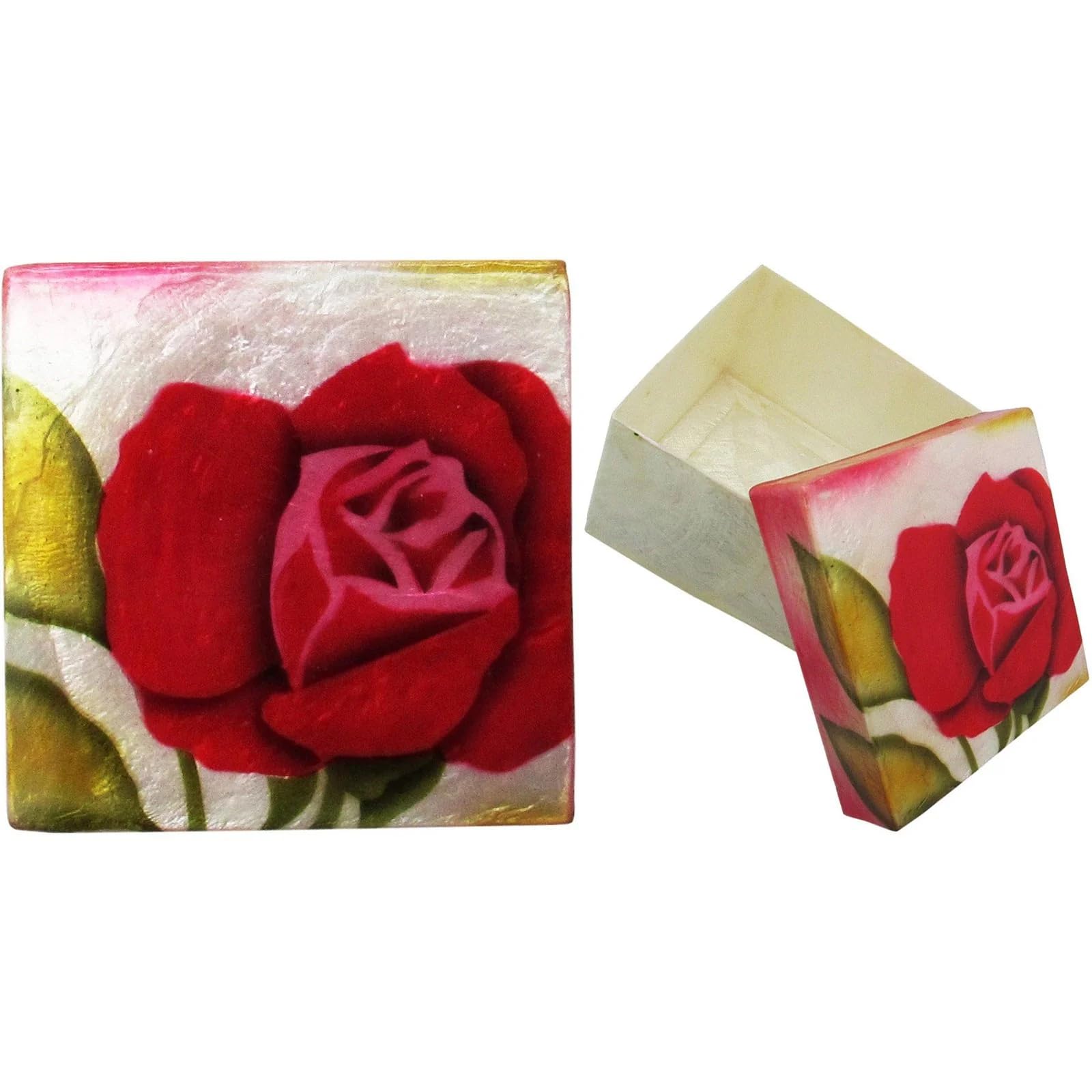 Capiz Shell Trinket Box, 3", Red Rose