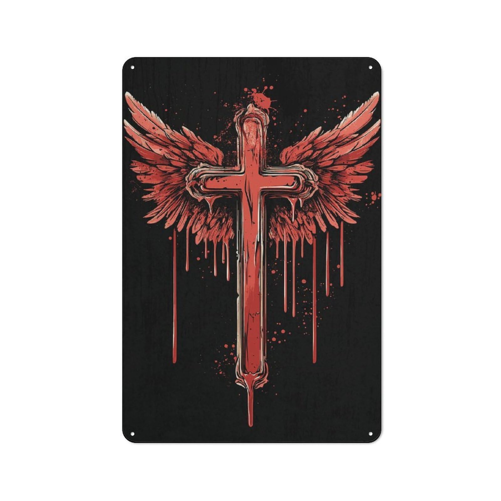 Junmoney Bloody Cross With Wings Vintage Metal Wall Sign 30X20cm For Garage Or Workshop, For Metal Sign Collectors, For Garage And Workshop Walls