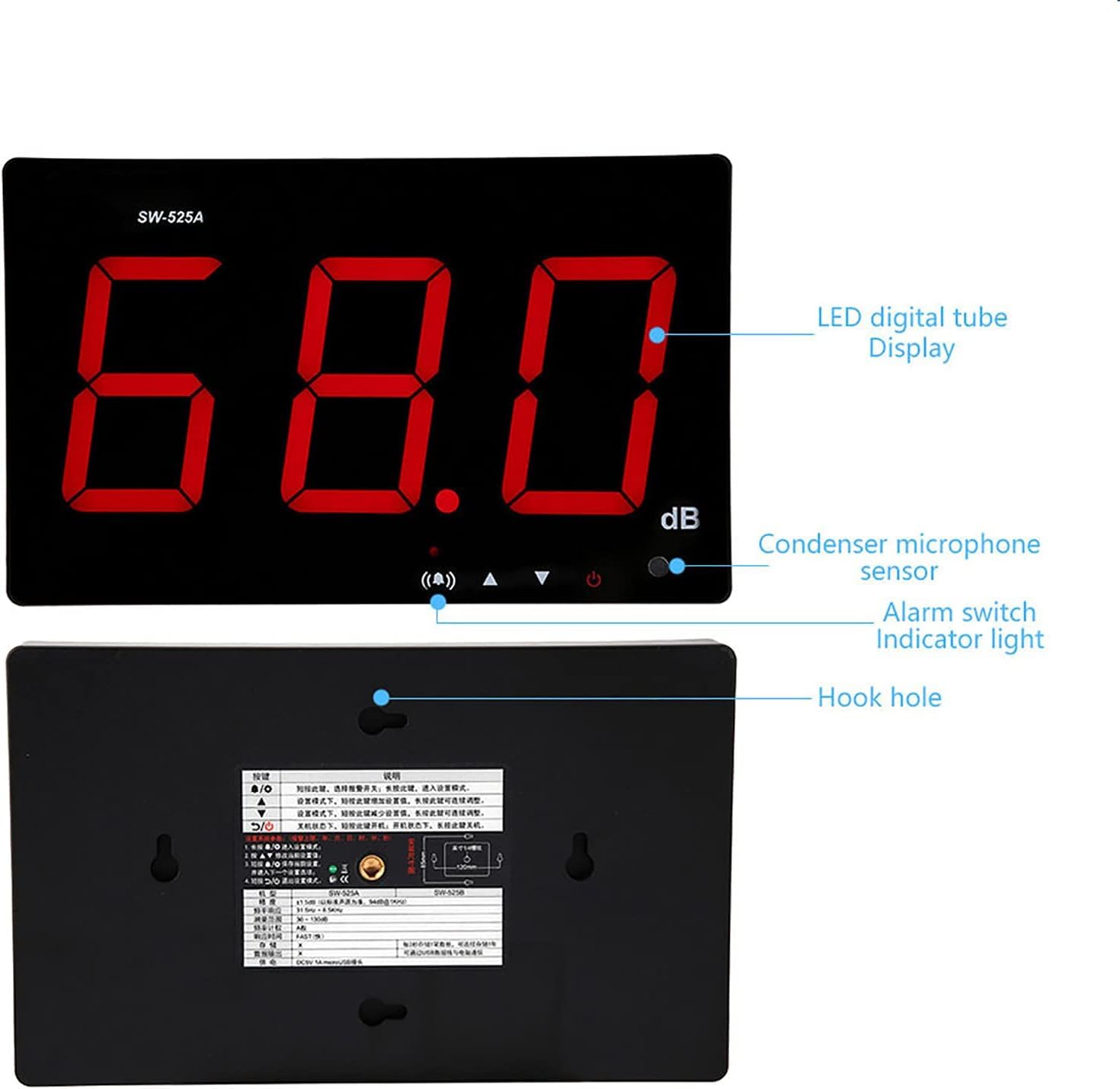 Tyenaza Medidor de Decibelios, SW-525A 30-130dB Medidor de Nivel de Sonido Montado en la Pared, Pantalla LED Grande, Alimentado por USB, para áreas Públicas Restaurantes Aulas Hospitales(210x130x30mm)