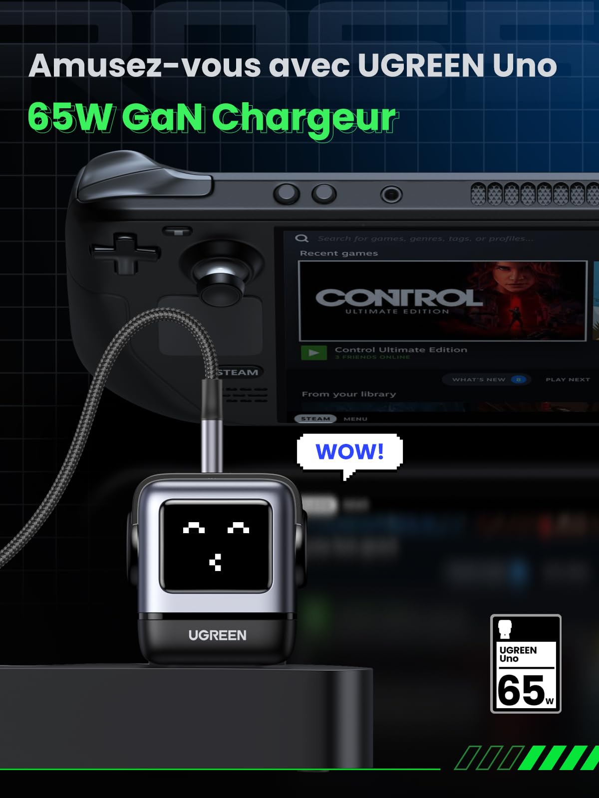 UGREEN Uno 65W 3 Ports Chargeur USB C Rapide GaNFast en Forme de Robot Mignon Compatible avec iPhone 17 Pro Max Air 16 15 14 13 Pixel Galaxy PSS 45W 25W S25 S24 S23 iPad MacBook Pro Air (Noir)