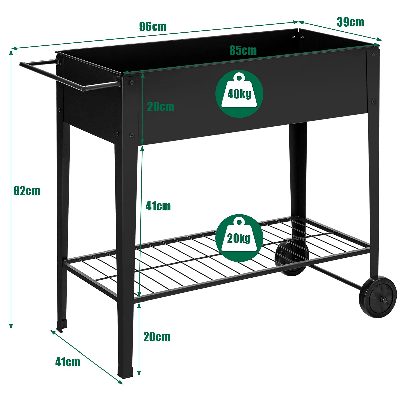 Koutemie Hochbeet Auf Rädern – Schwarzer Gartenwagen, 97,5 X 33 X 78,9 Cm, Mit Wasserdichtem Stoff