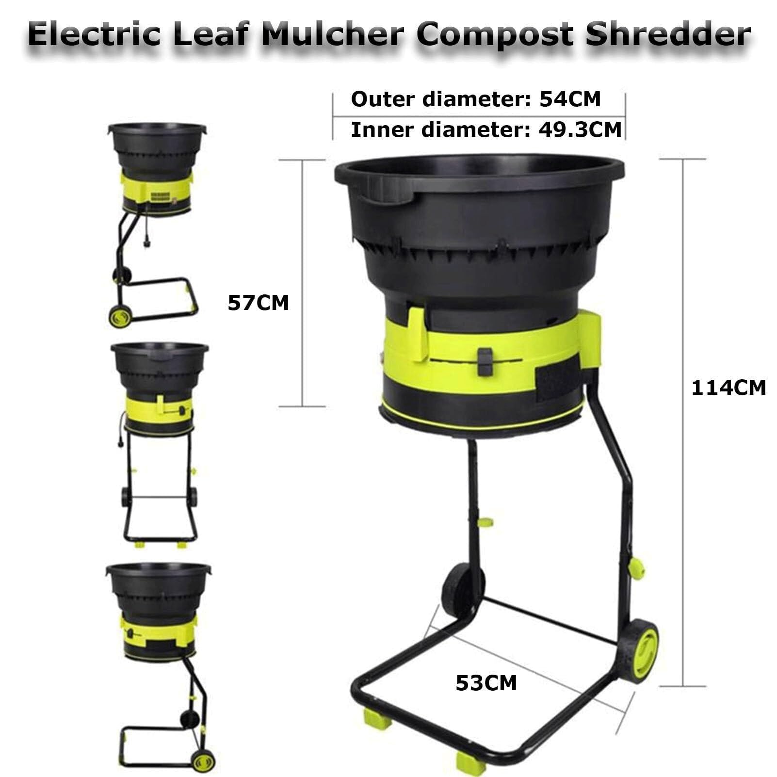 Trituradora eléctrica de hojas con cable, trituradora de jardín portátil sin aspas con ruedas, 8000 rpm, bolsa de colección, embudo de 54 cm de diámetro, para abono de hojas