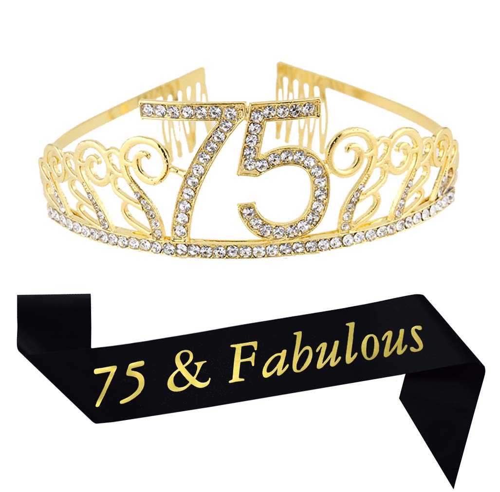 75th Birthday Gold Tiara and Sash Glitter Satin Sash and Crystal Rhinestone Tiara Crown for Happy 75th Birthday Party Supplies Favors Decorations 75th Birthday Cake Topper