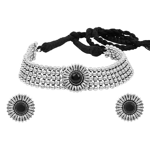 Yellow Chimes Classic German Silver Oxidised Jewellery Set Traditional Choker Necklace Set for Women and Girls