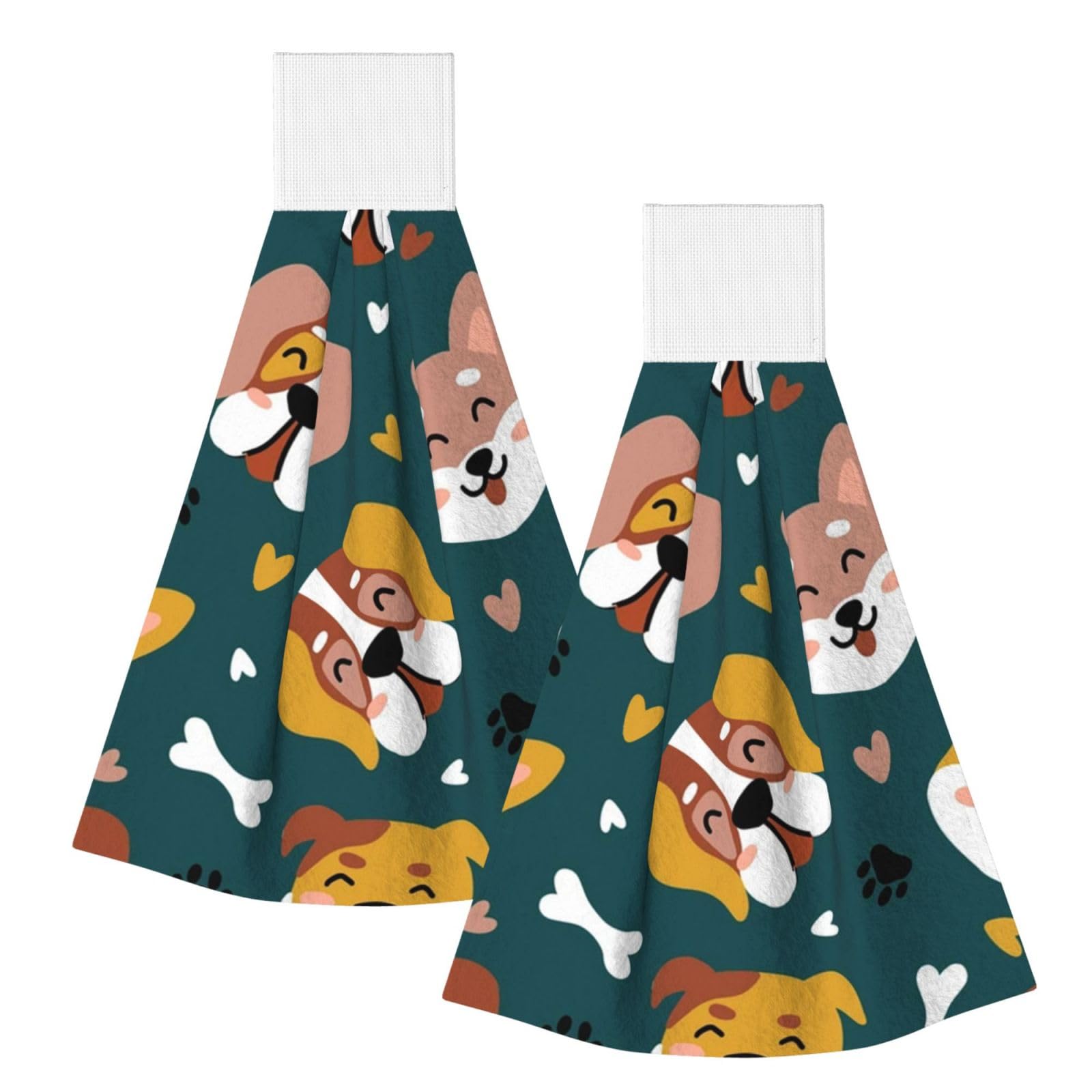 DOPKLNA Cute Dogs Bones Puppy Paws Colorful Love Hearts, 2 Pcs Hanging Coral Fiber Hand Towels for Bathroom, Absorbent Kitchen Towels
