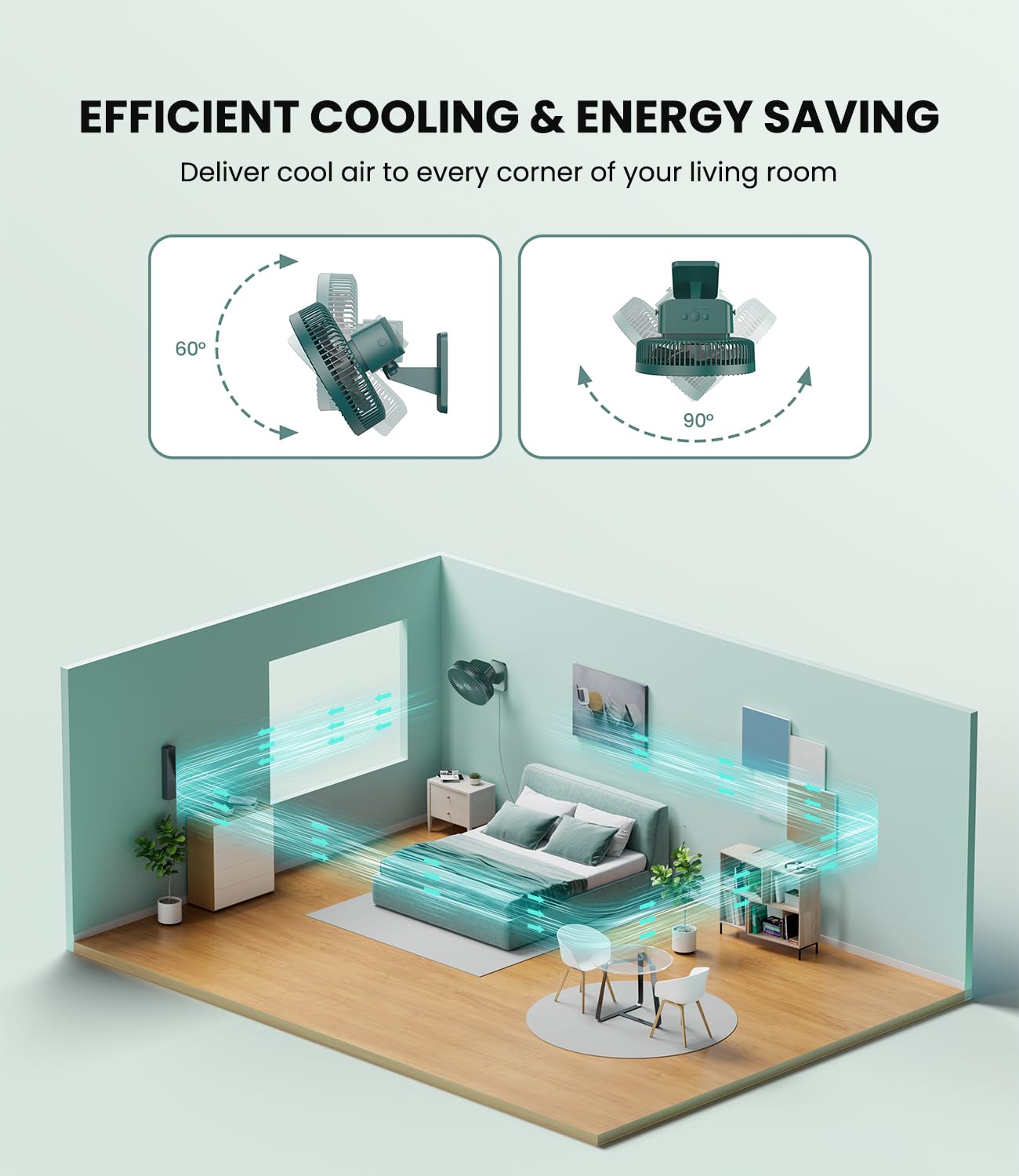 LEMOISTAR Ventilador de pared de 25 cm con mando a distancia, oscilación de 90°, 4 velocidades, 4 temporizadores, inclinación ajustable, cable de 178 cm, silencioso, para dormitorio, garaje