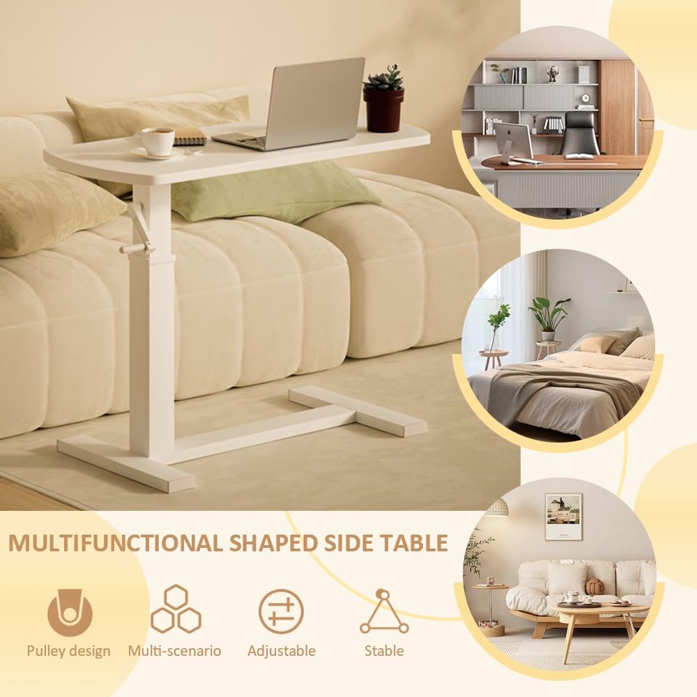 Mesita Auxiliar de Altura Regulable, mesita de Noche con Ruedas, Forma de C, de Madera y Metal, para salón, Dormitorio u Oficina, Capacidad de Carga de 50 kg, 80 x 40 x 65-95 cm.