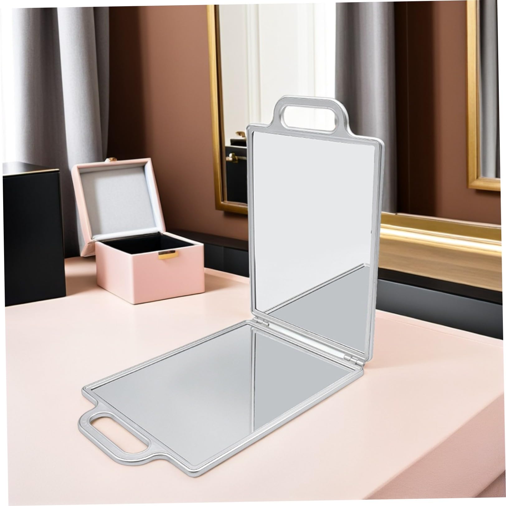 Uonlytech Specchio da Toeletta Portatile Vetro Antigraffio Doppia Faccia con Manico Doppio Argento per Taglio Chioma e Rasatura Professionale
